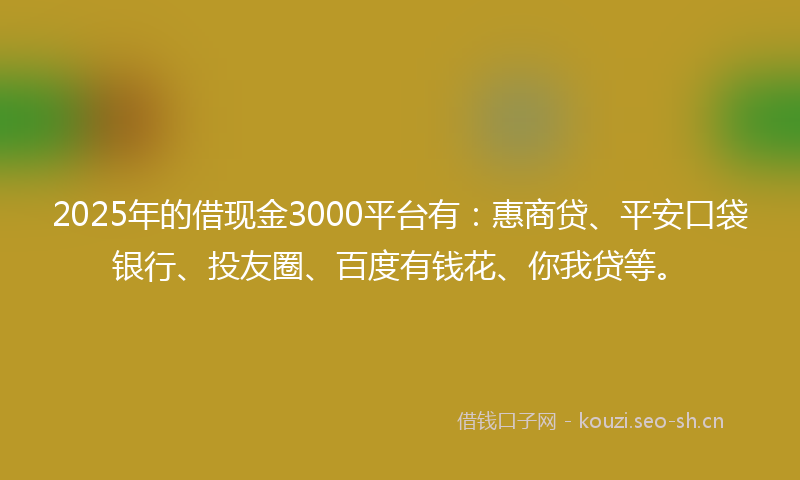 2025年的借现金3000平台有：惠商贷、平安口袋银行、投友圈、百度有钱花、你我贷等。