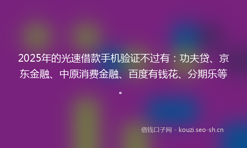 2025年的光速借款手机验证不过有：功夫贷、京东金融、中原消费金融、百度有钱花、分期乐等。