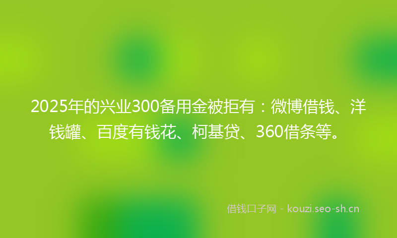 2025年的兴业300备用金被拒有：微博借钱、洋钱罐、百度有钱花、柯基贷、360借条等。
