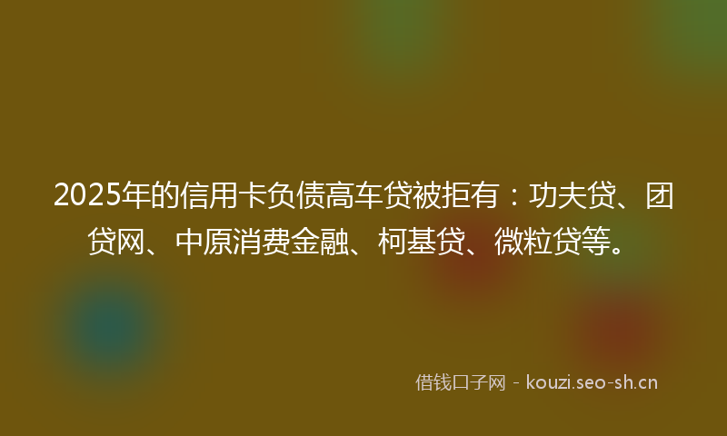 2025年的信用卡负债高车贷被拒有：功夫贷、团贷网、中原消费金融、柯基贷、微粒贷等。