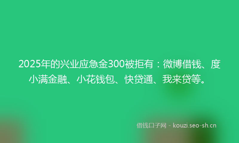 2025年的兴业应急金300被拒有：微博借钱、度小满金融、小花钱包、快贷通、我来贷等。