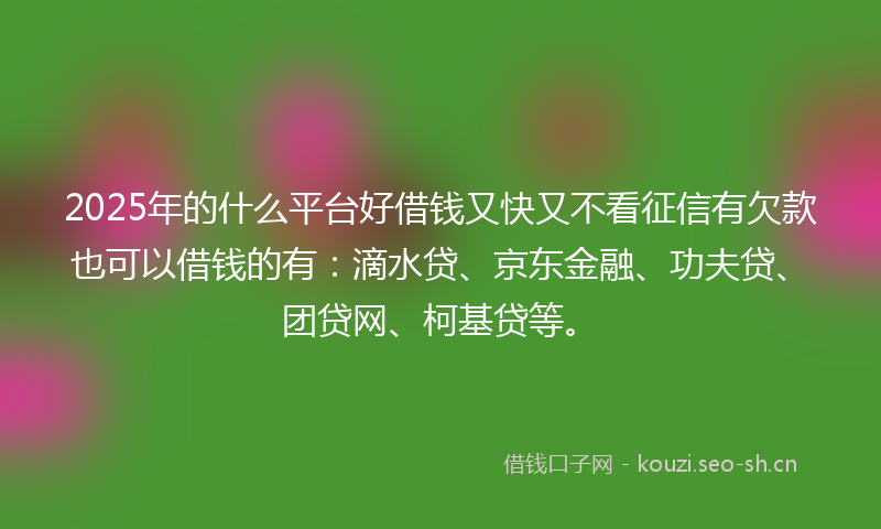 2025年的什么平台好借钱又快又不看征信有欠款也可以借钱的有：滴水贷、京东金融、功夫贷、团贷网、柯基贷等。