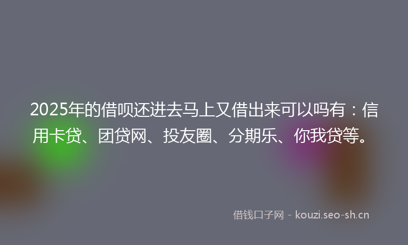 2025年的借呗还进去马上又借出来可以吗有：信用卡贷、团贷网、投友圈、分期乐、你我贷等。