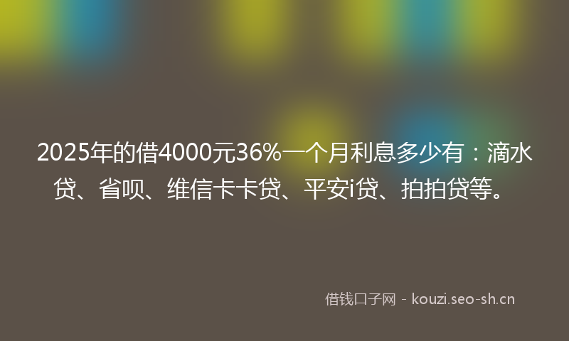 2025年的借4000元36%一个月利息多少有：滴水贷、省呗、维信卡卡贷、平安i贷、拍拍贷等。