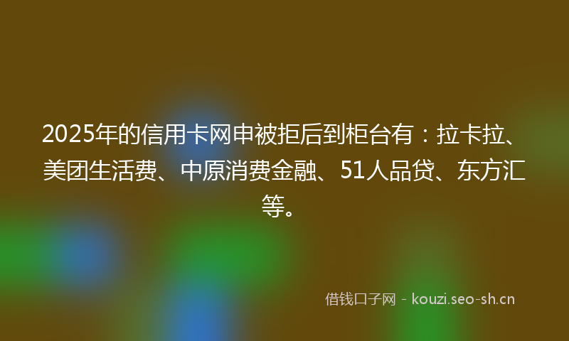 2025年的信用卡网申被拒后到柜台有：拉卡拉、美团生活费、中原消费金融、51人品贷、东方汇等。