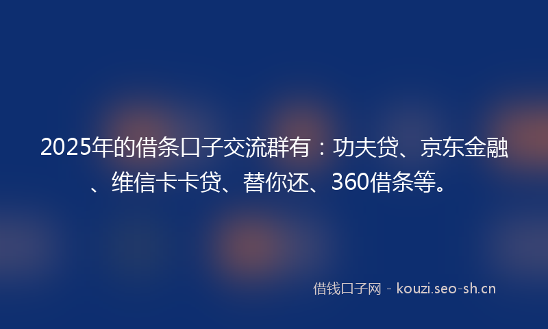 2025年的借条口子交流群有：功夫贷、京东金融、维信卡卡贷、替你还、360借条等。