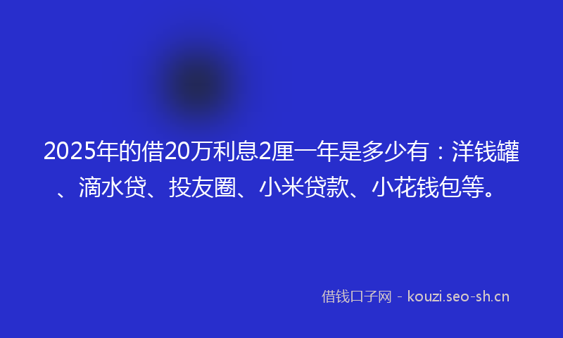 2025年的借20万利息2厘一年是多少有：洋钱罐、滴水贷、投友圈、小米贷款、小花钱包等。