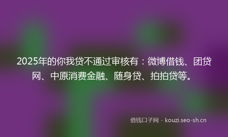 2025年的你我贷不通过审核有：微博借钱、团贷网、中原消费金融、随身贷、拍拍贷等。
