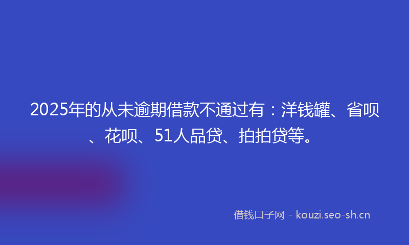 2025年的从未逾期借款不通过有：洋钱罐、省呗、花呗、51人品贷、拍拍贷等。