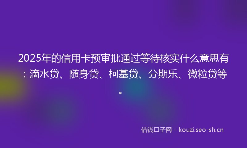 2025年的信用卡预审批通过等待核实什么意思有：滴水贷、随身贷、柯基贷、分期乐、微粒贷等。