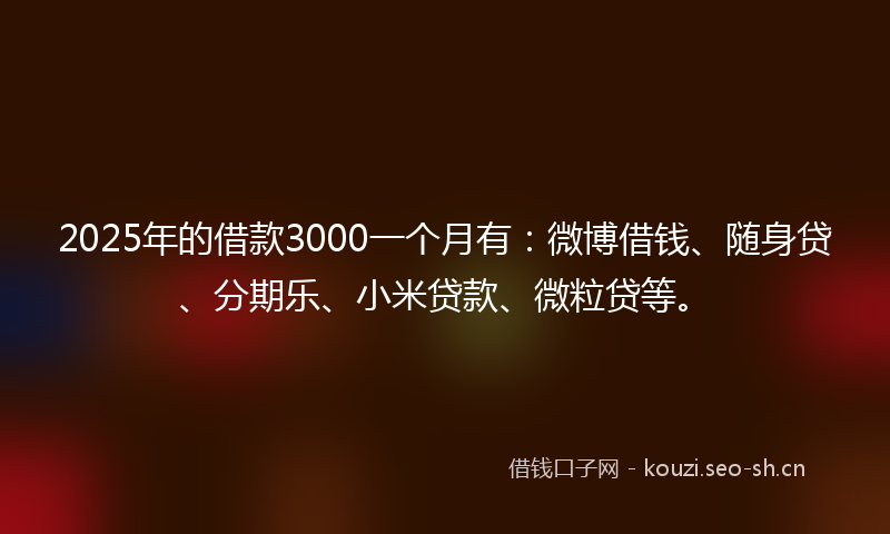 2025年的借款3000一个月有：微博借钱、随身贷、分期乐、小米贷款、微粒贷等。