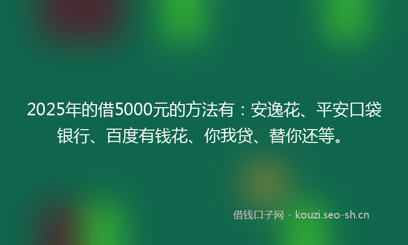 2025年的借5000元的方法有：安逸花、平安口袋银行、百度有钱花、你我贷、替你还等。