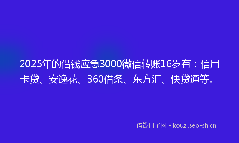 2025年的借钱应急3000微信转账16岁有：信用卡贷、安逸花、360借条、东方汇、快贷通等。