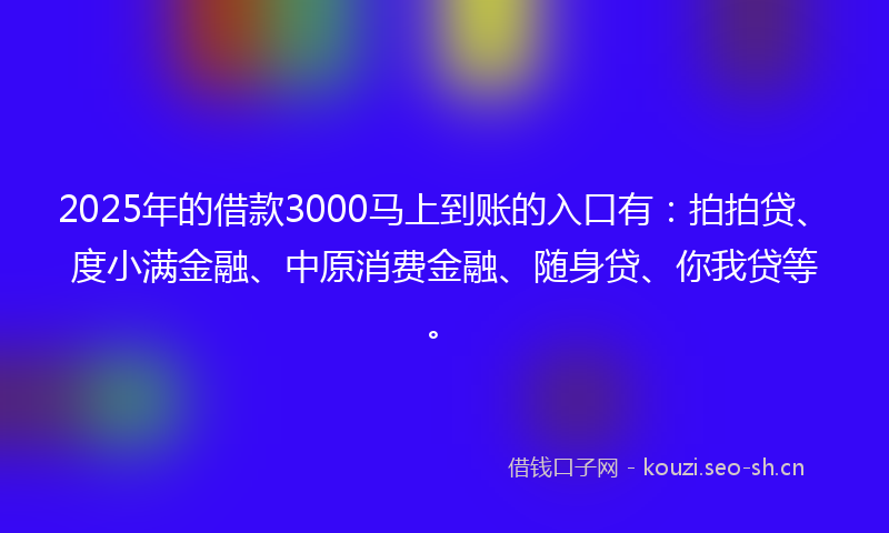2025年的借款3000马上到账的入口有：拍拍贷、度小满金融、中原消费金融、随身贷、你我贷等。