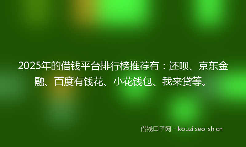 2025年的借钱平台排行榜推荐有：还呗、京东金融、百度有钱花、小花钱包、我来贷等。