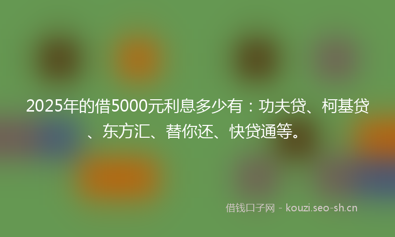 2025年的借5000元利息多少有：功夫贷、柯基贷、东方汇、替你还、快贷通等。