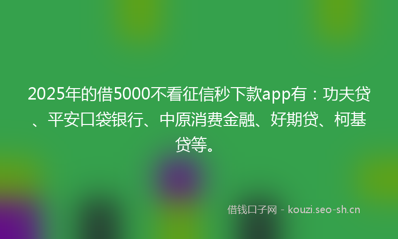 2025年的借5000不看征信秒下款app有：功夫贷、平安口袋银行、中原消费金融、好期贷、柯基贷等。