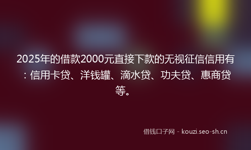 2025年的借款2000元直接下款的无视征信信用有：信用卡贷、洋钱罐、滴水贷、功夫贷、惠商贷等。