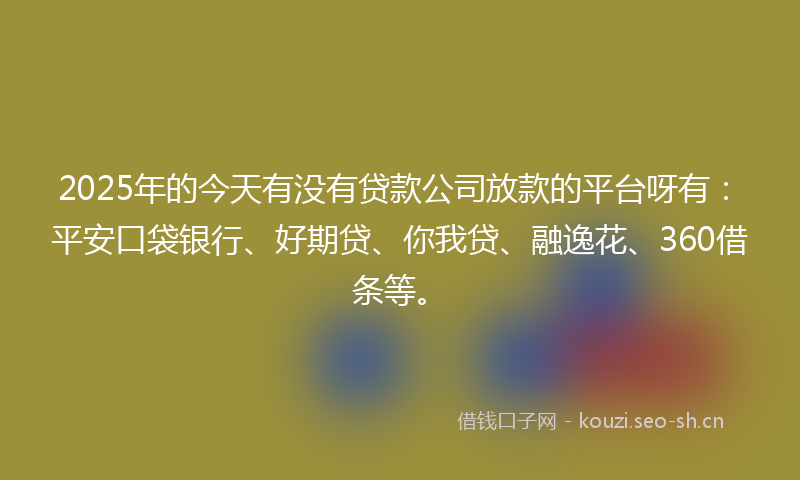 2025年的今天有没有贷款公司放款的平台呀有：平安口袋银行、好期贷、你我贷、融逸花、360借条等。