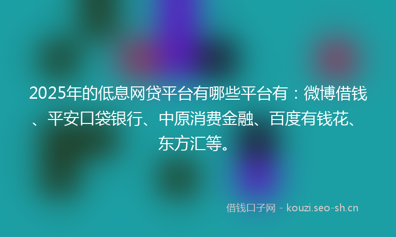 2025年的低息网贷平台有哪些平台有：微博借钱、平安口袋银行、中原消费金融、百度有钱花、东方汇等。