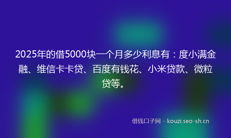 2025年的借5000块一个月多少利息有：度小满金融、维信卡卡贷、百度有钱花、小米贷款、微粒贷等。