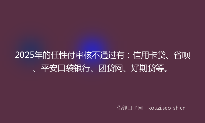 2025年的任性付审核不通过有：信用卡贷、省呗、平安口袋银行、团贷网、好期贷等。