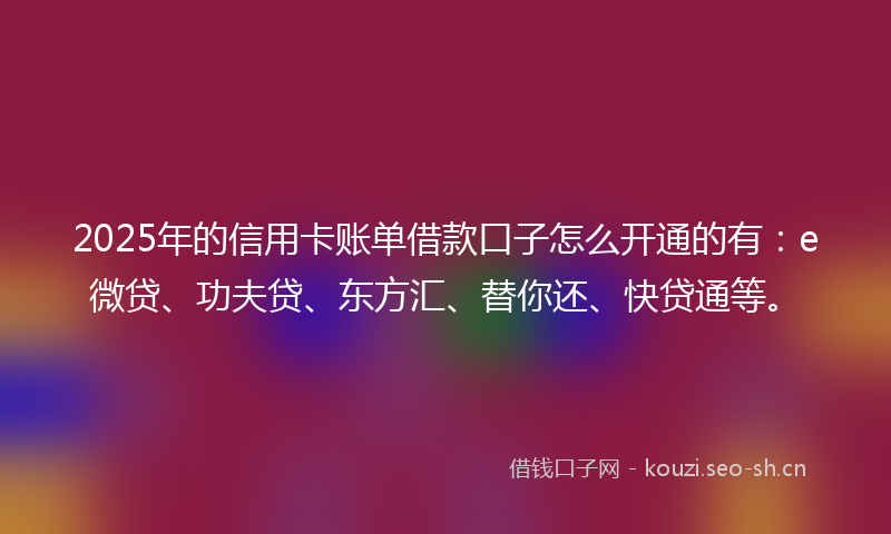 2025年的信用卡账单借款口子怎么开通的有：e微贷、功夫贷、东方汇、替你还、快贷通等。