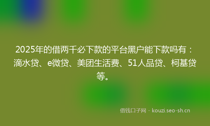 2025年的借两千必下款的平台黑户能下款吗有：滴水贷、e微贷、美团生活费、51人品贷、柯基贷等。