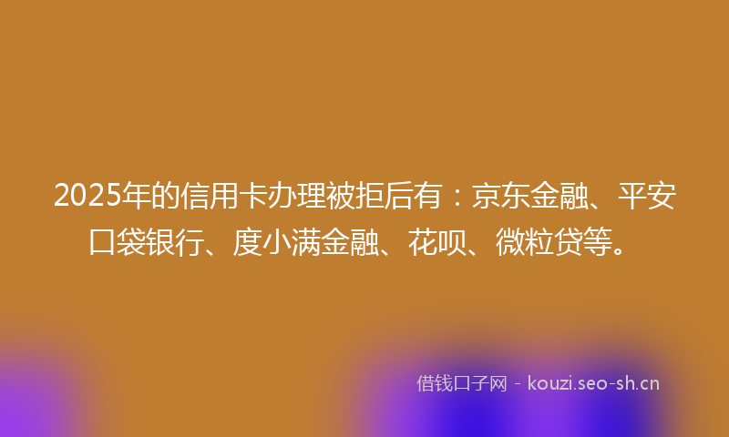 2025年的信用卡办理被拒后有：京东金融、平安口袋银行、度小满金融、花呗、微粒贷等。