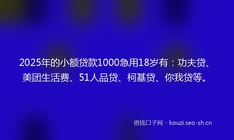 2025年的小额贷款1000急用18岁有:功夫贷、美团生活费、51人品贷、柯基贷、你我贷等。