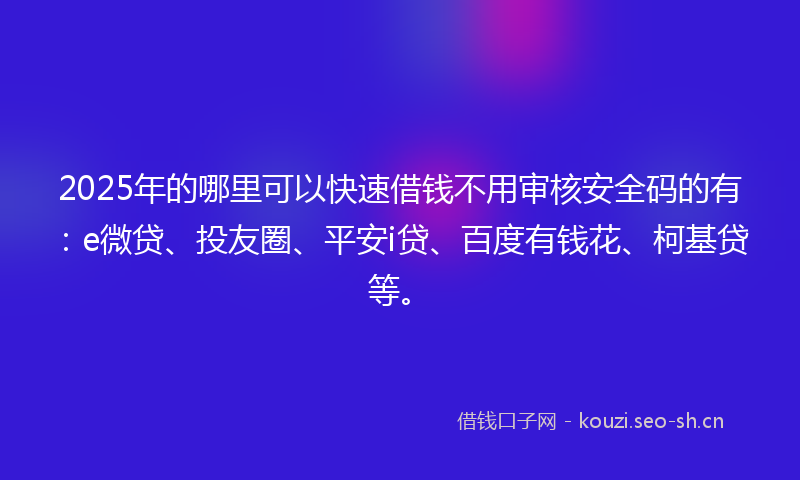 2025年的哪里可以快速借钱不用审核安全码的有：e微贷、投友圈、平安i贷、百度有钱花、柯基贷等。