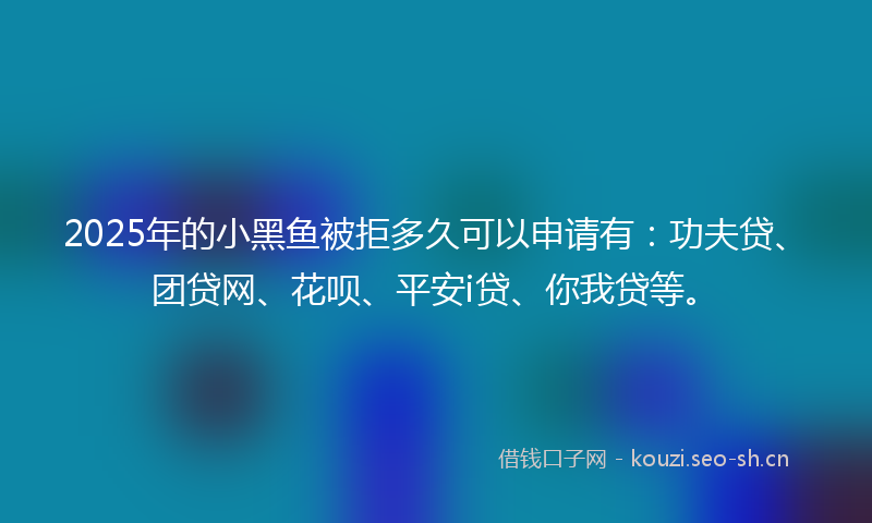 2025年的小黑鱼被拒多久可以申请有：功夫贷、团贷网、花呗、平安i贷、你我贷等。