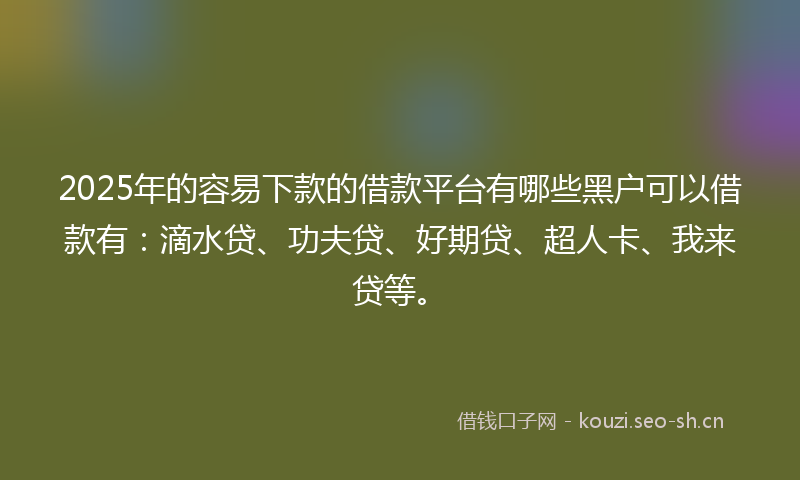 2025年的容易下款的借款平台有哪些黑户可以借款有：滴水贷、功夫贷、好期贷、超人卡、我来贷等。