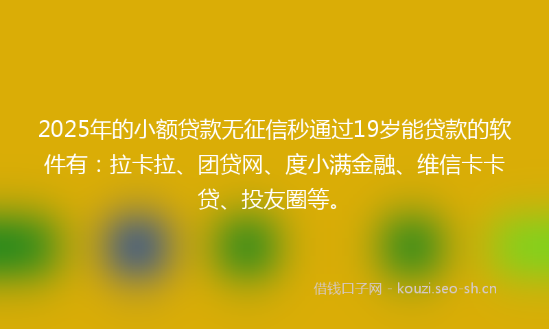 2025年的小额贷款无征信秒通过19岁能贷款的软件有：拉卡拉、团贷网、度小满金融、维信卡卡贷、投友圈等。