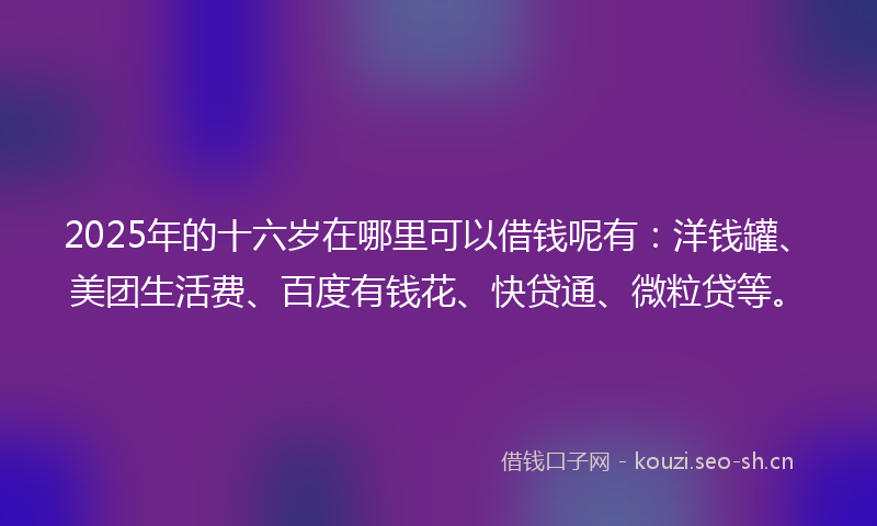 2025年的十六岁在哪里可以借钱呢有：洋钱罐、美团生活费、百度有钱花、快贷通、微粒贷等。