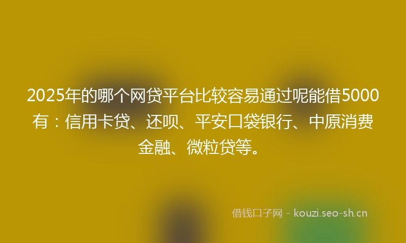 2025年的哪个网贷平台比较容易通过呢能借5000有：信用卡贷、还呗、平安口袋银行、中原消费金融、微粒贷等。