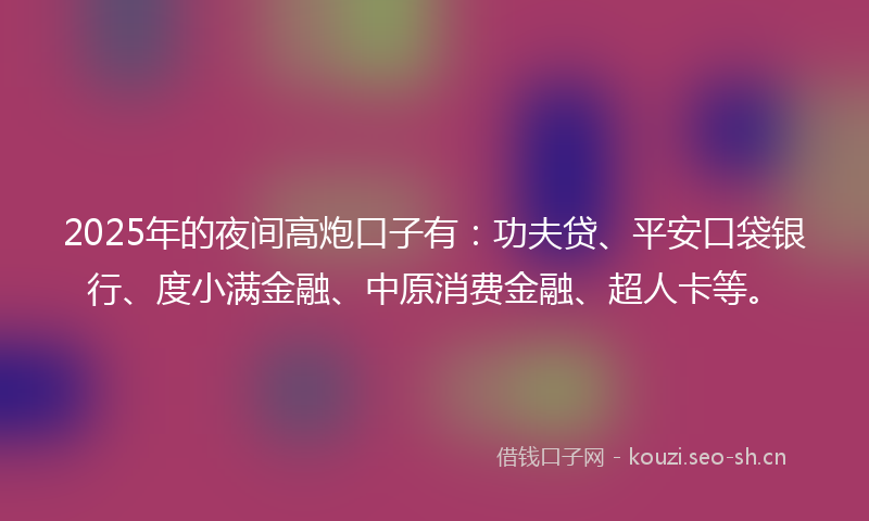 2025年的夜间高炮口子有：功夫贷、平安口袋银行、度小满金融、中原消费金融、超人卡等。