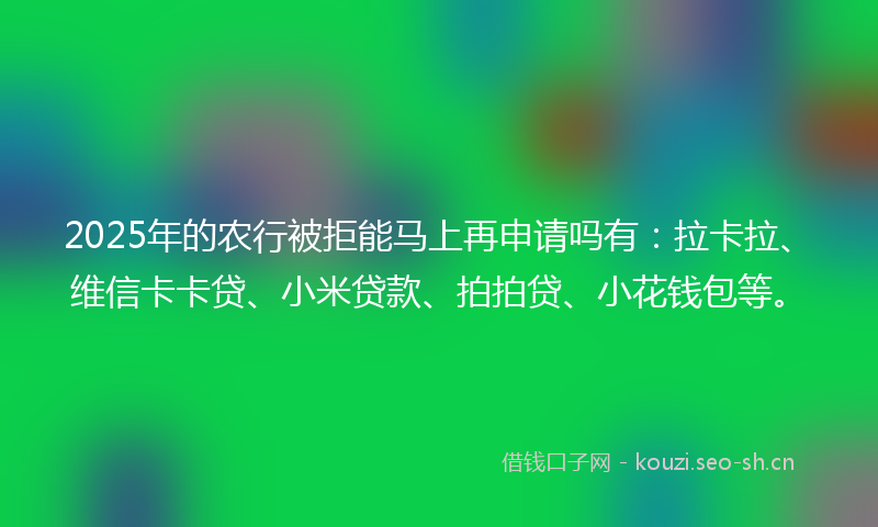 2025年的农行被拒能马上再申请吗有：拉卡拉、维信卡卡贷、小米贷款、拍拍贷、小花钱包等。