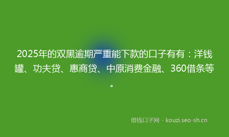 2025年的双黑逾期严重能下款的口子有有：洋钱罐、功夫贷、惠商贷、中原消费金融、360借条等。