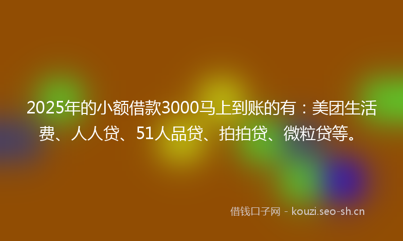2025年的小额借款3000马上到账的有：美团生活费、人人贷、51人品贷、拍拍贷、微粒贷等。