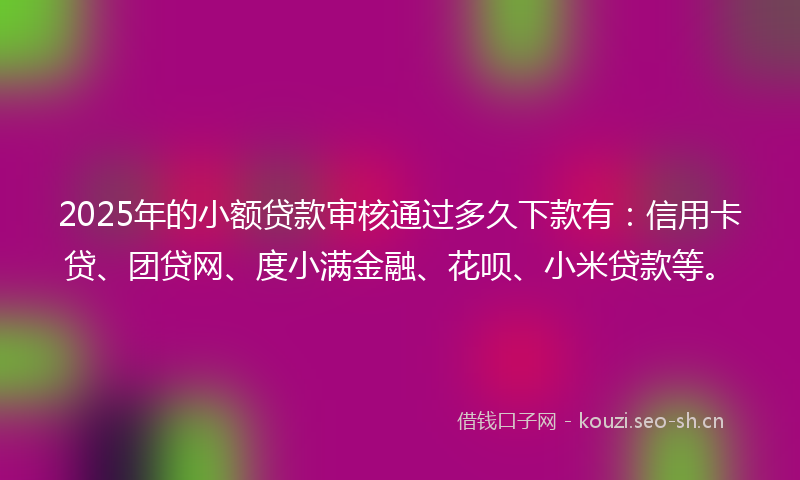 2025年的小额贷款审核通过多久下款有：信用卡贷、团贷网、度小满金融、花呗、小米贷款等。