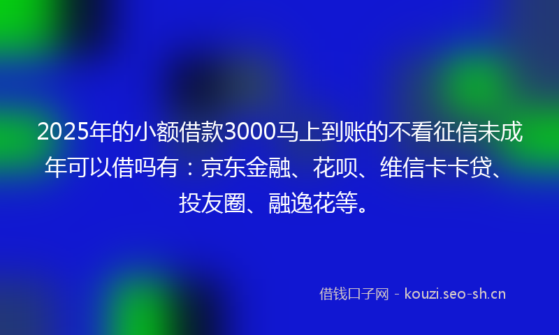 2025年的小额借款3000马上到账的不看征信未成年可以借吗有：京东金融、花呗、维信卡卡贷、投友圈、融逸花等。