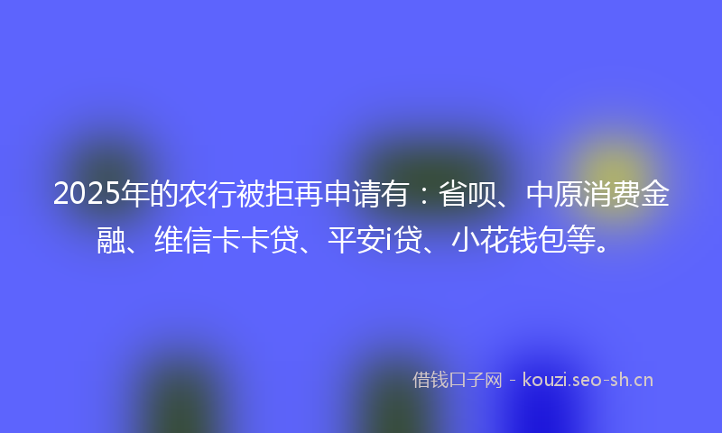 2025年的农行被拒再申请有：省呗、中原消费金融、维信卡卡贷、平安i贷、小花钱包等。