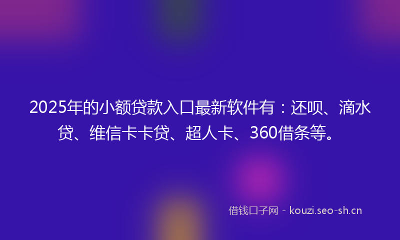 2025年的小额贷款入口最新软件有：还呗、滴水贷、维信卡卡贷、超人卡、360借条等。