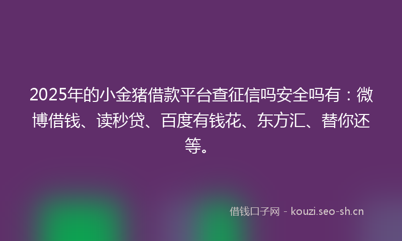 2025年的小金猪借款平台查征信吗安全吗有：微博借钱、读秒贷、百度有钱花、东方汇、替你还等。