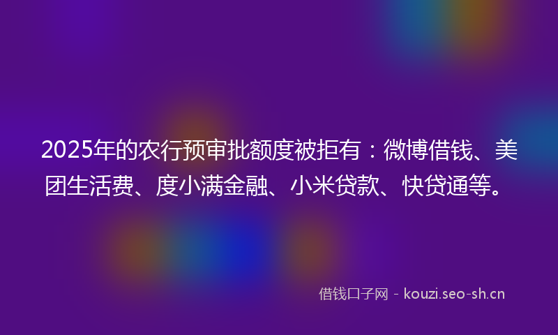 2025年的农行预审批额度被拒有：微博借钱、美团生活费、度小满金融、小米贷款、快贷通等。