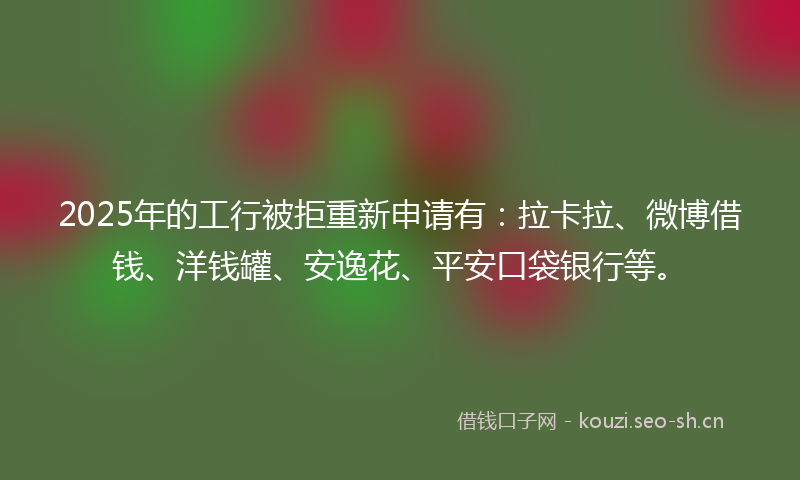 2025年的工行被拒重新申请有：拉卡拉、微博借钱、洋钱罐、安逸花、平安口袋银行等。
