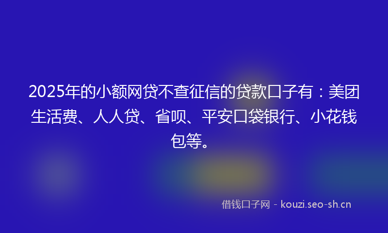 2025年的小额网贷不查征信的贷款口子有：美团生活费、人人贷、省呗、平安口袋银行、小花钱包等。