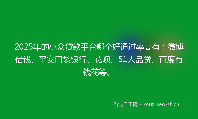 2025年的小众贷款平台哪个好通过率高有：微博借钱、平安口袋银行、花呗、51人品贷、百度有钱花等。