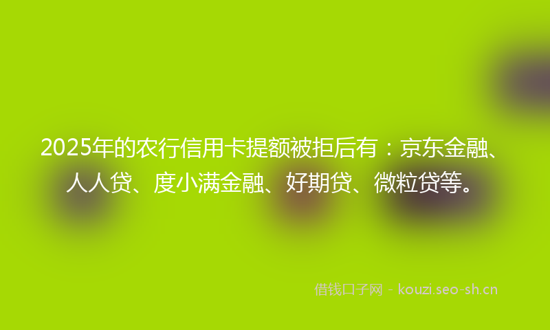 2025年的农行信用卡提额被拒后有：京东金融、人人贷、度小满金融、好期贷、微粒贷等。